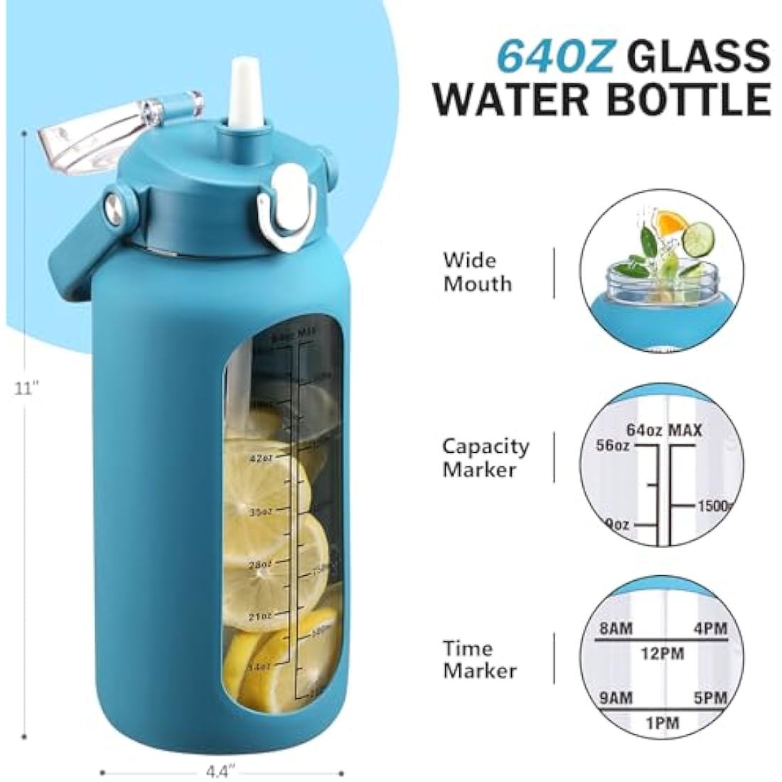 HYDRAGLAZIC 2L Glass Water Bottle | 2 Lids & Silicone Sleeve - Blue