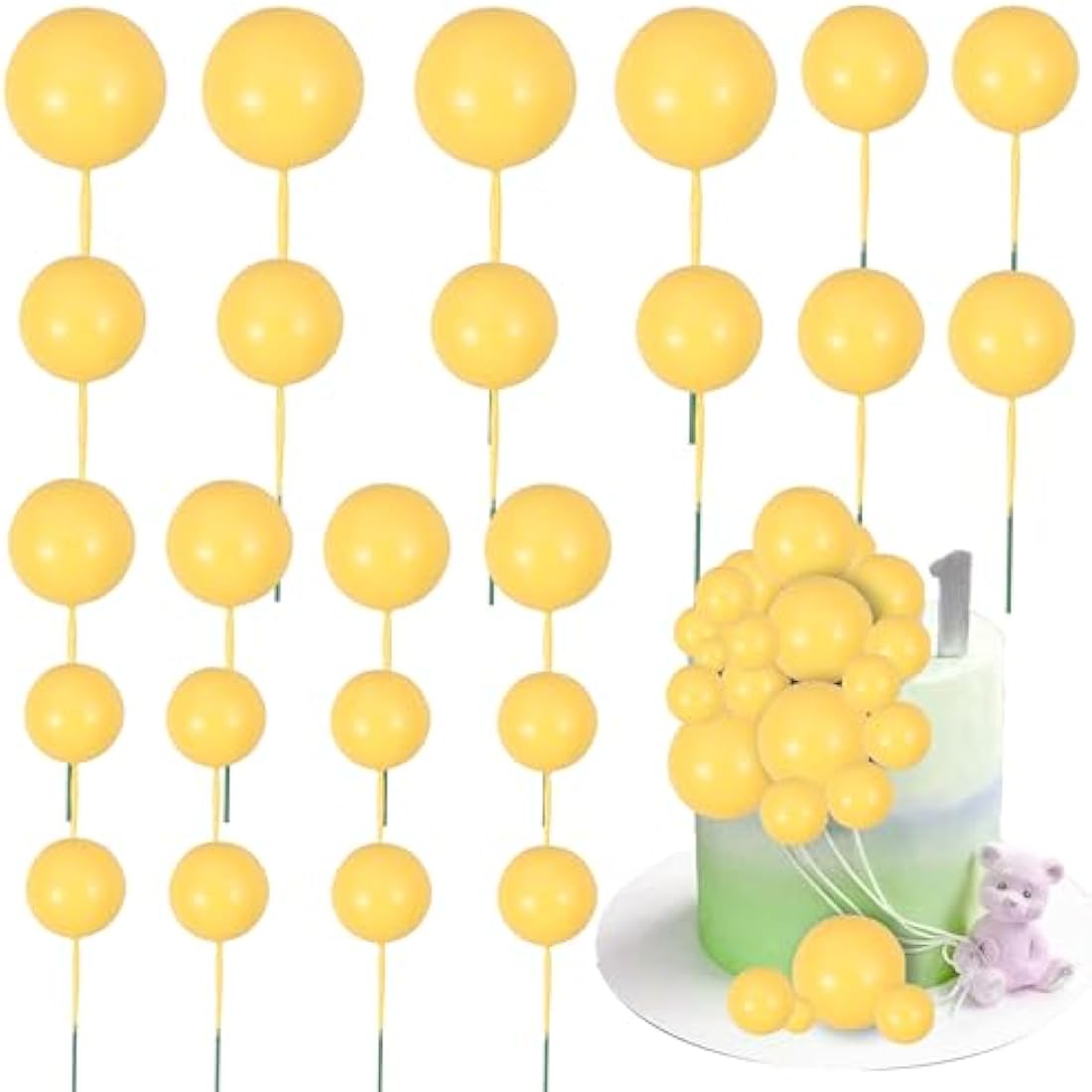 Gyufise 30Pcs Yellow Foam Ball Cake Toppers – Mini Balloon Cupcake Picks
