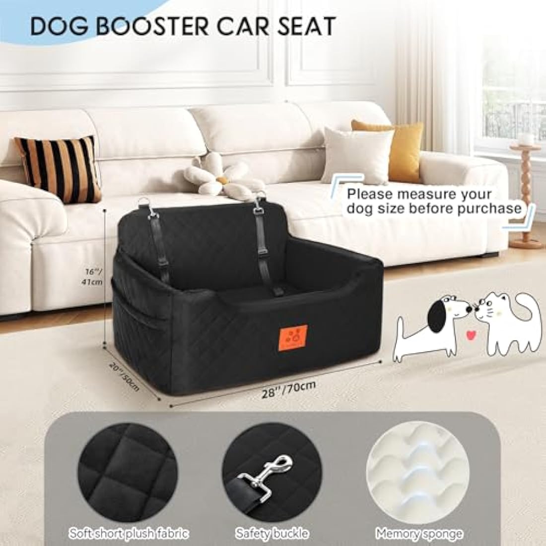 Dog Booster Car Seat – Large Washable Pet Travel Bed, Black