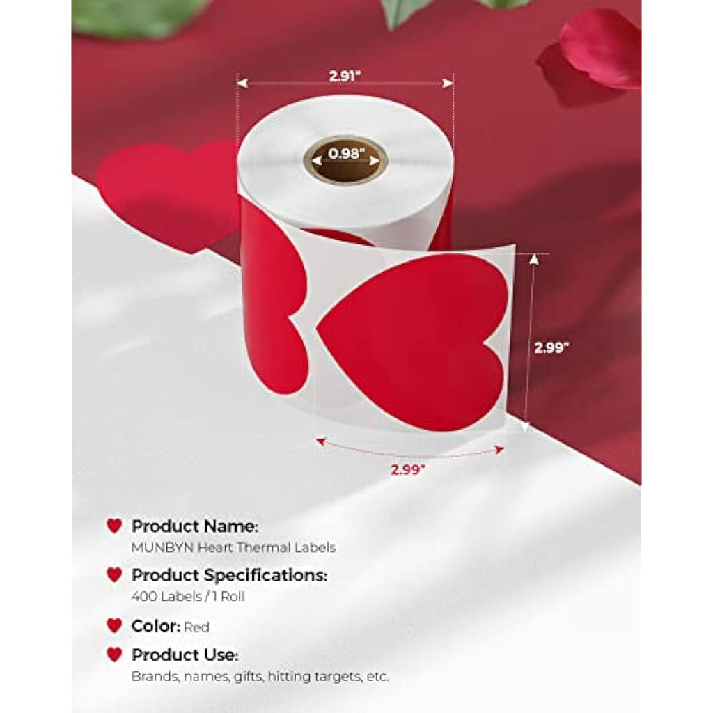MUNBYN 3" Heart Thermal Stickers | Red Adhesive Labels for Small Business