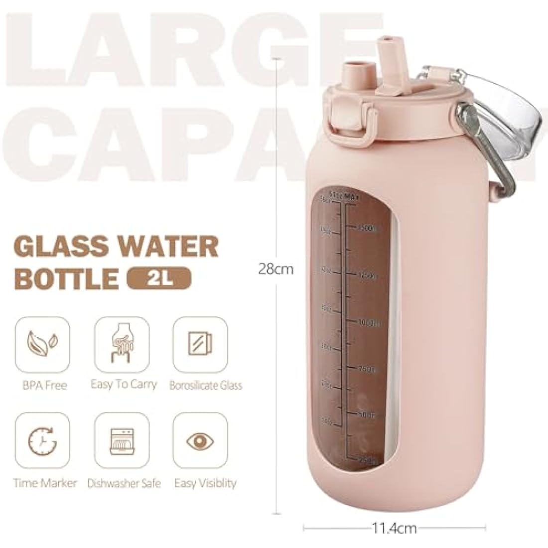 BLUEGO 2L Borosilicate Glass Water Bottle with Time Marker & Straw – Amber