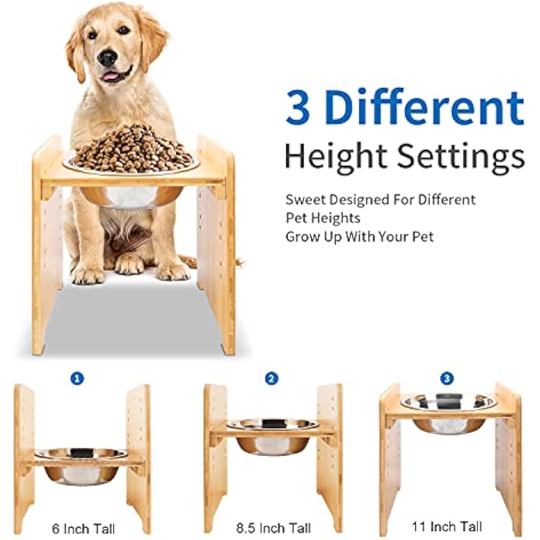 FOREYY Raised Pet Bowls - Adjustable Bamboo Elevated Feeder with 2 Bowls