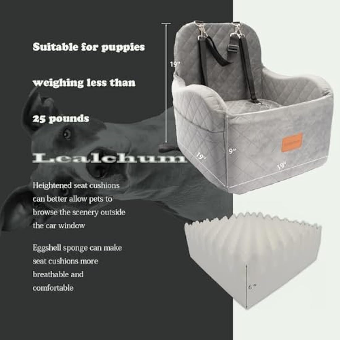 Lealchum Dog Booster Car Seat – Washable Memory Foam Pet Bed, Grey