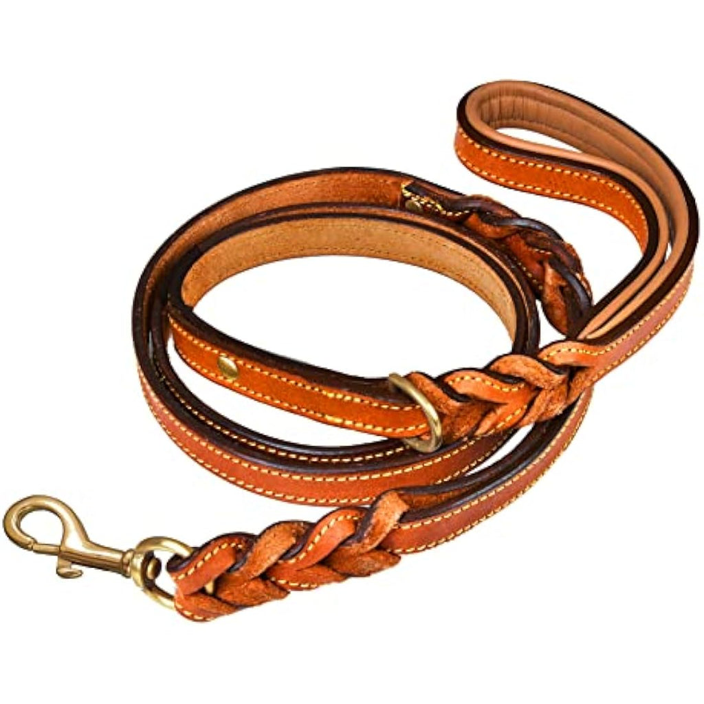DowgClub 6' Leather Dog Leash | Dual Handle Braided Heavy Duty Lead - Tan