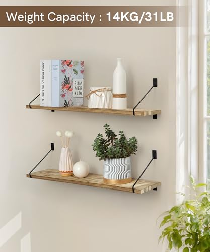 Petrala Rustic Floating Shelves – 60cm Wooden Wall Shelves, Set of 2