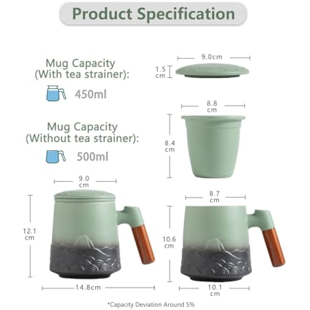 ZENS Ceramic Tea Infuser Mug with Wood Handle and Lid - 500ml Green