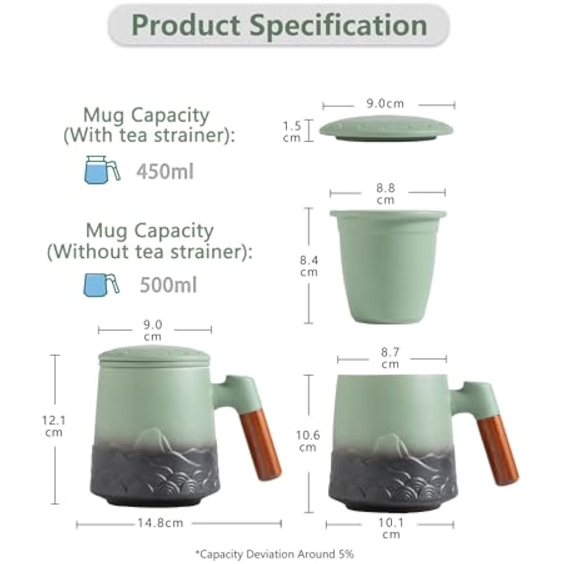 ZENS Ceramic Tea Infuser Mug with Wood Handle and Lid - 500ml Green