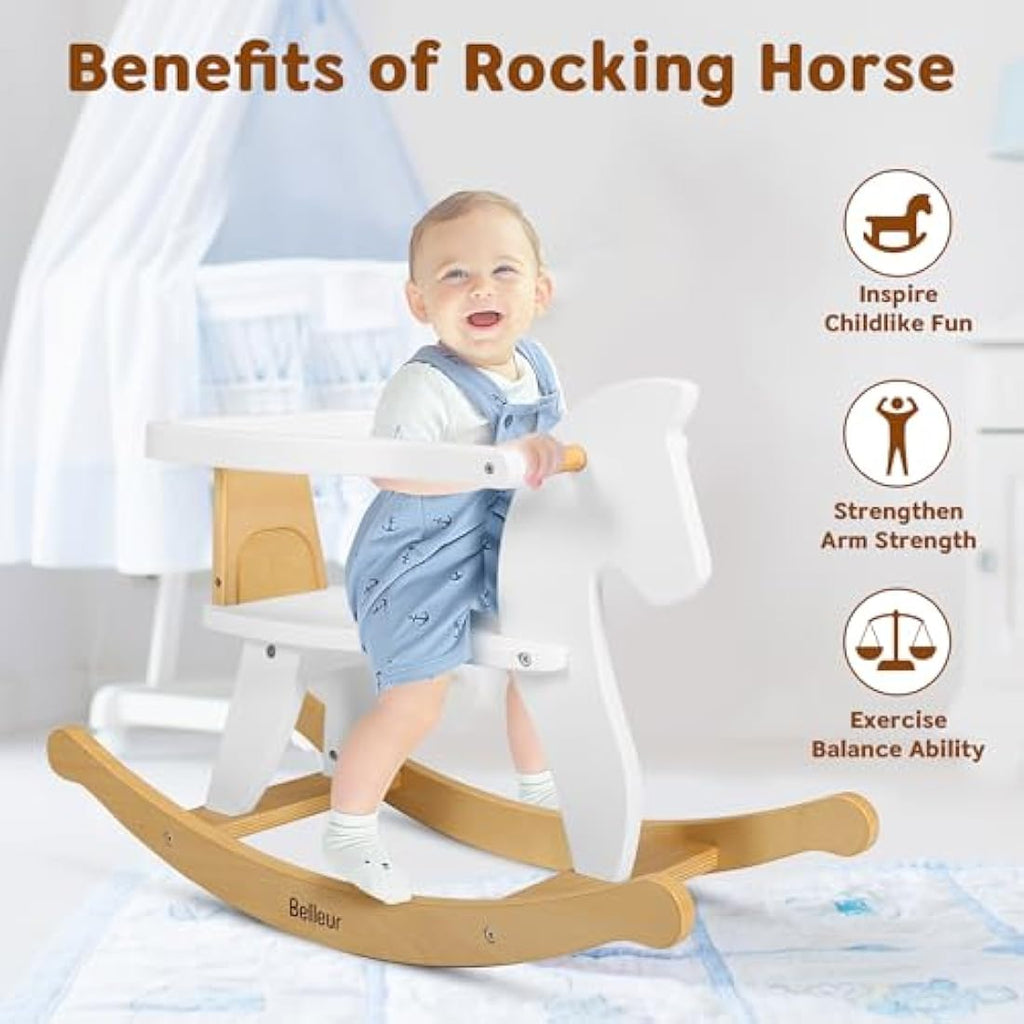 Belleur Wooden Rocking Horse for Toddlers – 2-in-1 Ride-On Toy with Fence