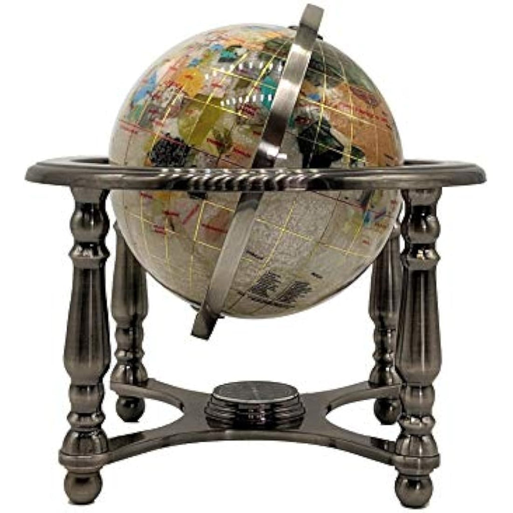 Pearl Swirl Gemstone World Globe – 10-Inch Silver Stand