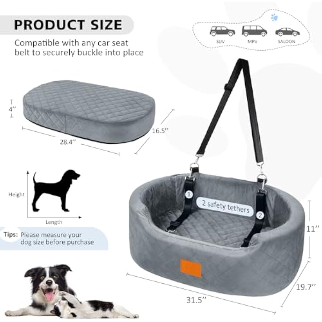 Dog Car Seat – Large Pet Booster Bed for SUV & Car, Gray