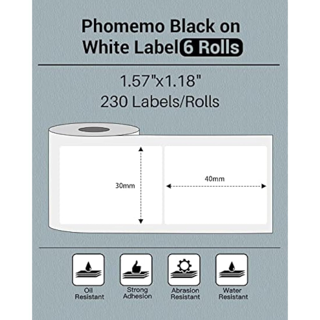 Phomemo Thermal Labels 40x30mm for M110 M220 M200 – 6 Rolls, 230/Roll