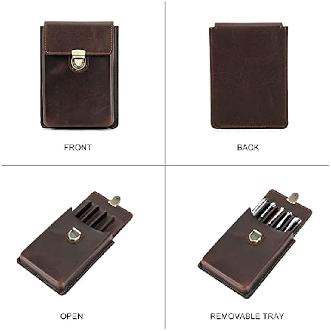 Hiram Full Grain Leather Pen Case | 5 Pen Storage with Brass Lock - Coffee