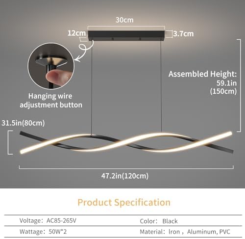 Mikeru 120CM Wave LED Pendant Light | Dimmable Black Kitchen Island Lamp