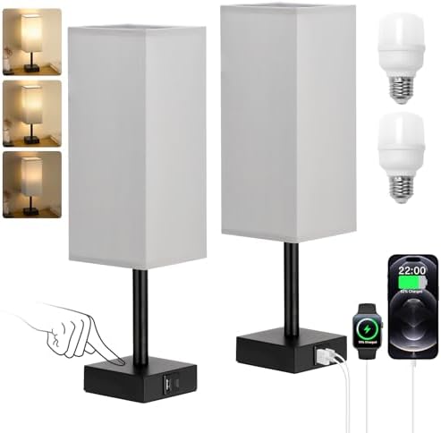 Jolof Store 3-Way Dimmable Bedside Lamps Set of 2 with USB-C+A Ports