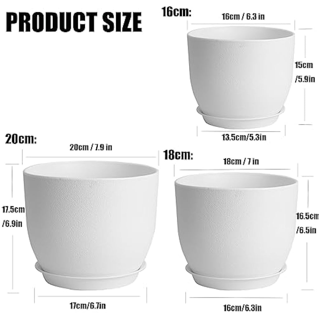 PROFIKLA Plastic Plant Pots with Drainage and Saucers - Set of 3, White