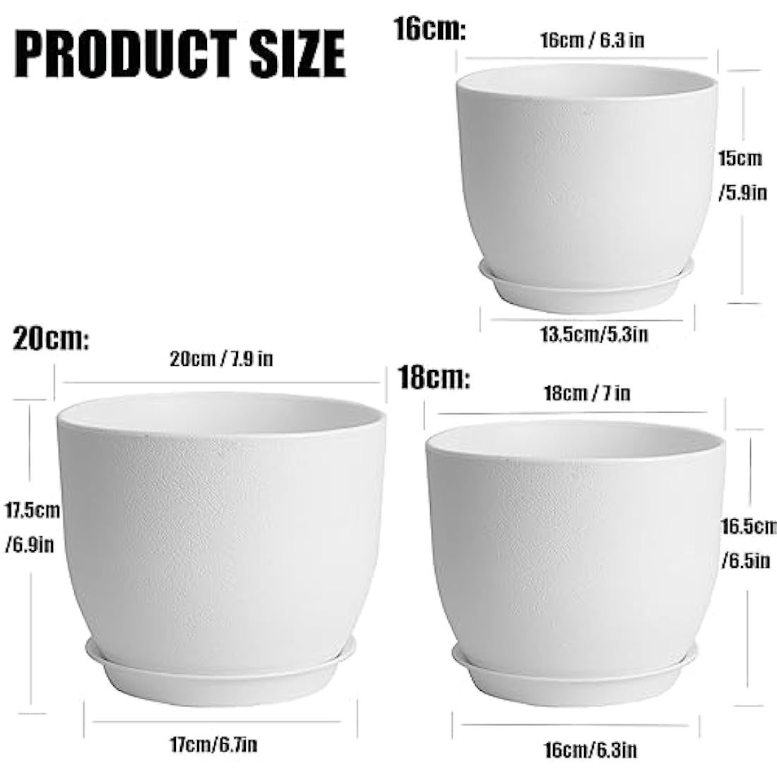PROFIKLA Plastic Plant Pots with Drainage and Saucers - Set of 3, White