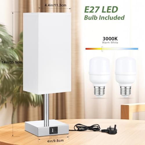 Aooshine Bedside Lamps Set of 2 | 3-Way Dimmable Touch Lamp with USB-C+A