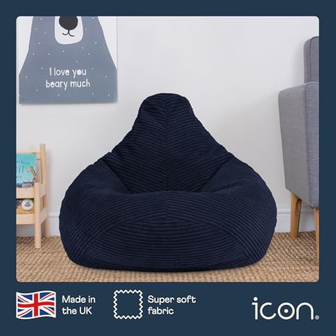 icon Dalton Kids Bean Bag Chair – Navy Blue Corduroy Gaming Seat