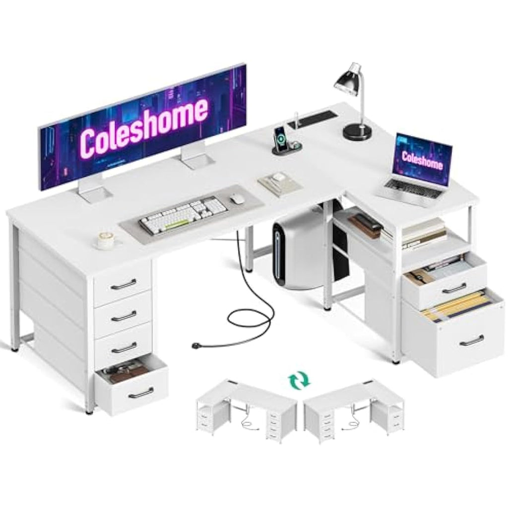 Coleshome L-Shaped Computer Desk with Power Outlet and 6 Drawers, White