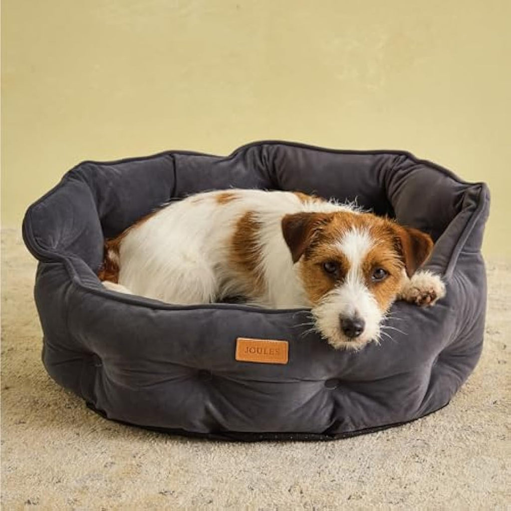 Joules Chesterfield Velvet Pet Bed – Large Grey Washable Dog Bed