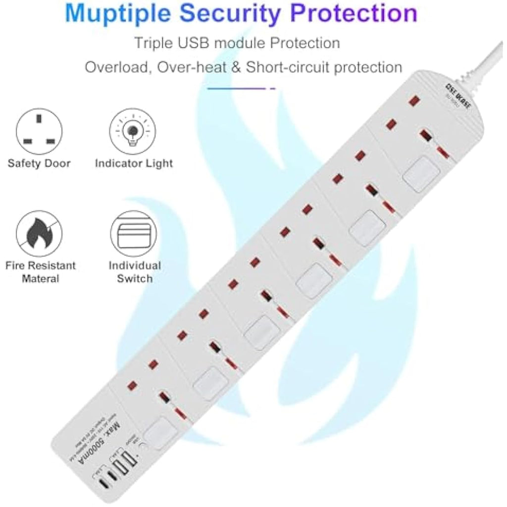 SE UKASE 6 Way Extension Lead with USB & Type C | 2M Wall Mount Power Strip