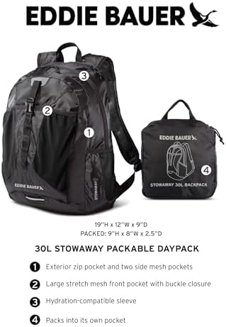 Eddie Bauer Stowaway Packable Backpack – Ripstop Polyester Hiking Bag