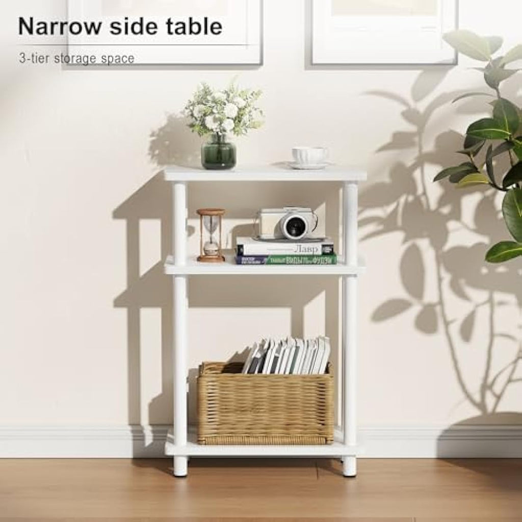 APICIZON Narrow Side Table | 3-Tier Slim End Table with Magazine Rack, White
