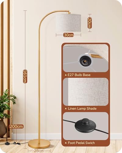 EDISHINE 63" LED Floor Lamp – Modern Gold Arc Standing Light with Linen Shade
