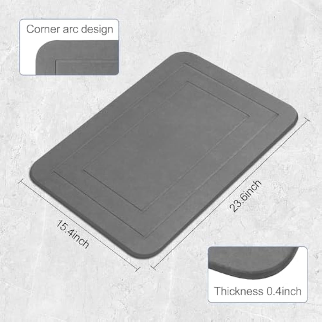 HUMIGA Diatomaceous Earth Stone Bath Mat - 2 Pack Non-Slip Grey, 24x15