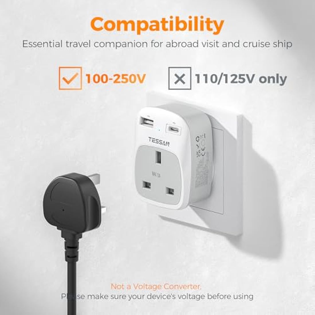 TESSAN UK to South Africa Plug Adapter 2 Pack | Type M with USB C