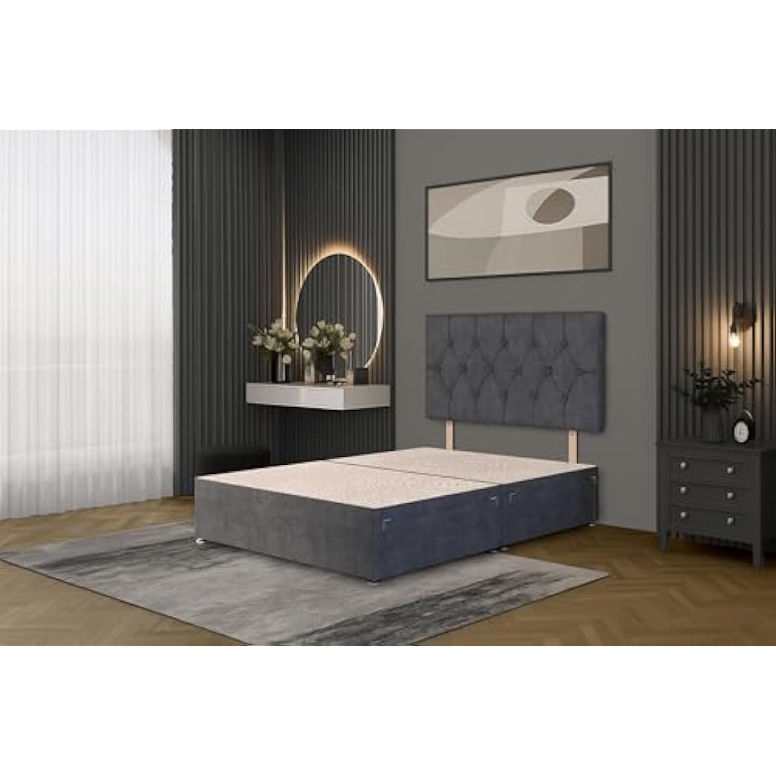 Charcoal Plush Fabric Divan Bed Base with Matching Headboard