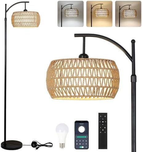 Rayofly Arc Floor Lamp | Dimmable Boho Standing Lamp with Rattan Shade