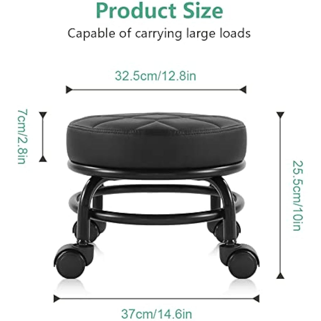 FURWOO Low Rolling Stool - PU Leather Round Swivel Seat with Wheels