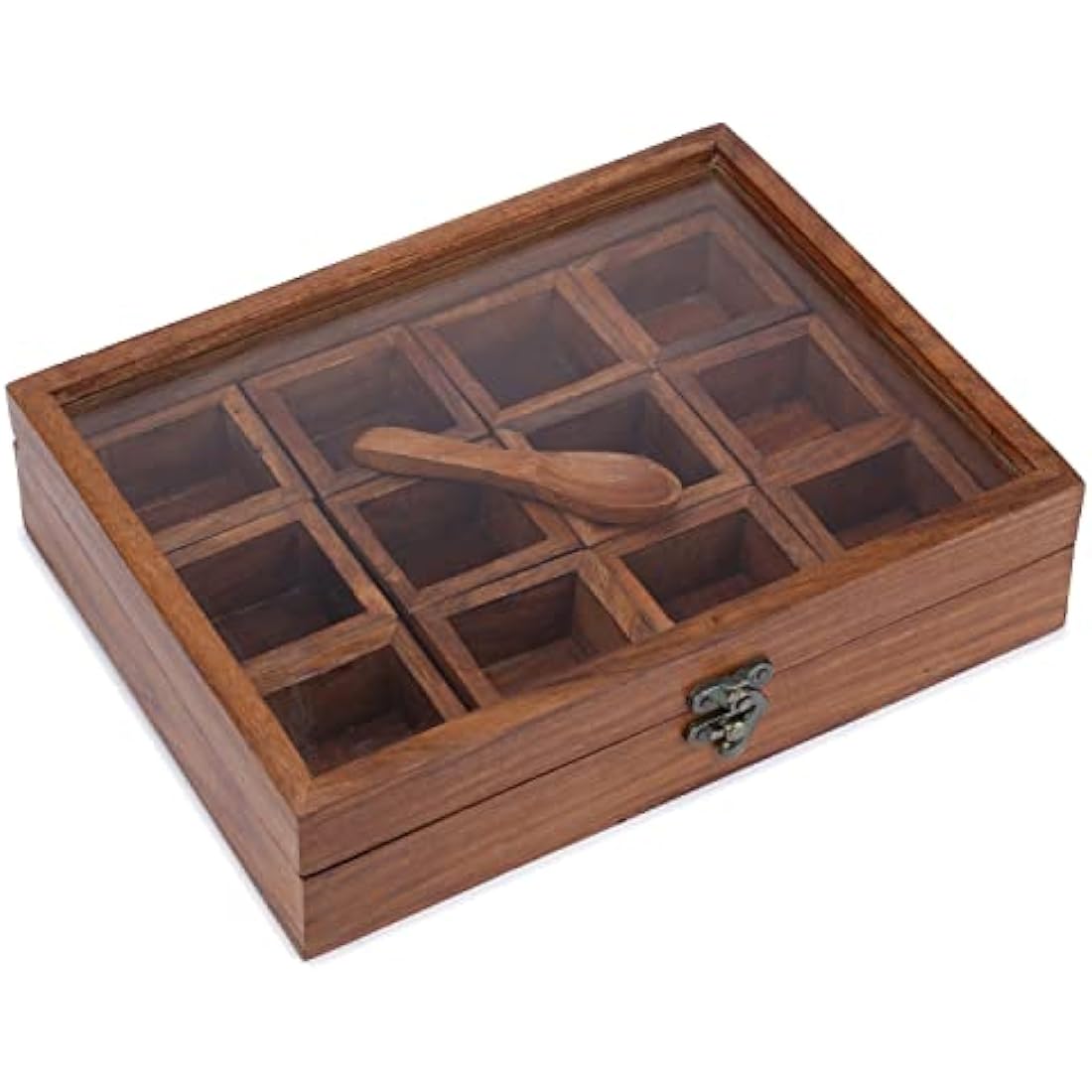 Wooden Masala Dabba Spice Box - 12 Compartments & Glass Lid