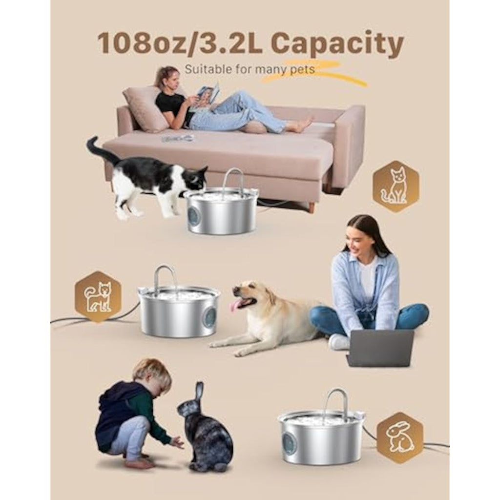 FOFNON Cat Water Fountain – 108oz/3.2L Ultra Quiet Pet Waterer