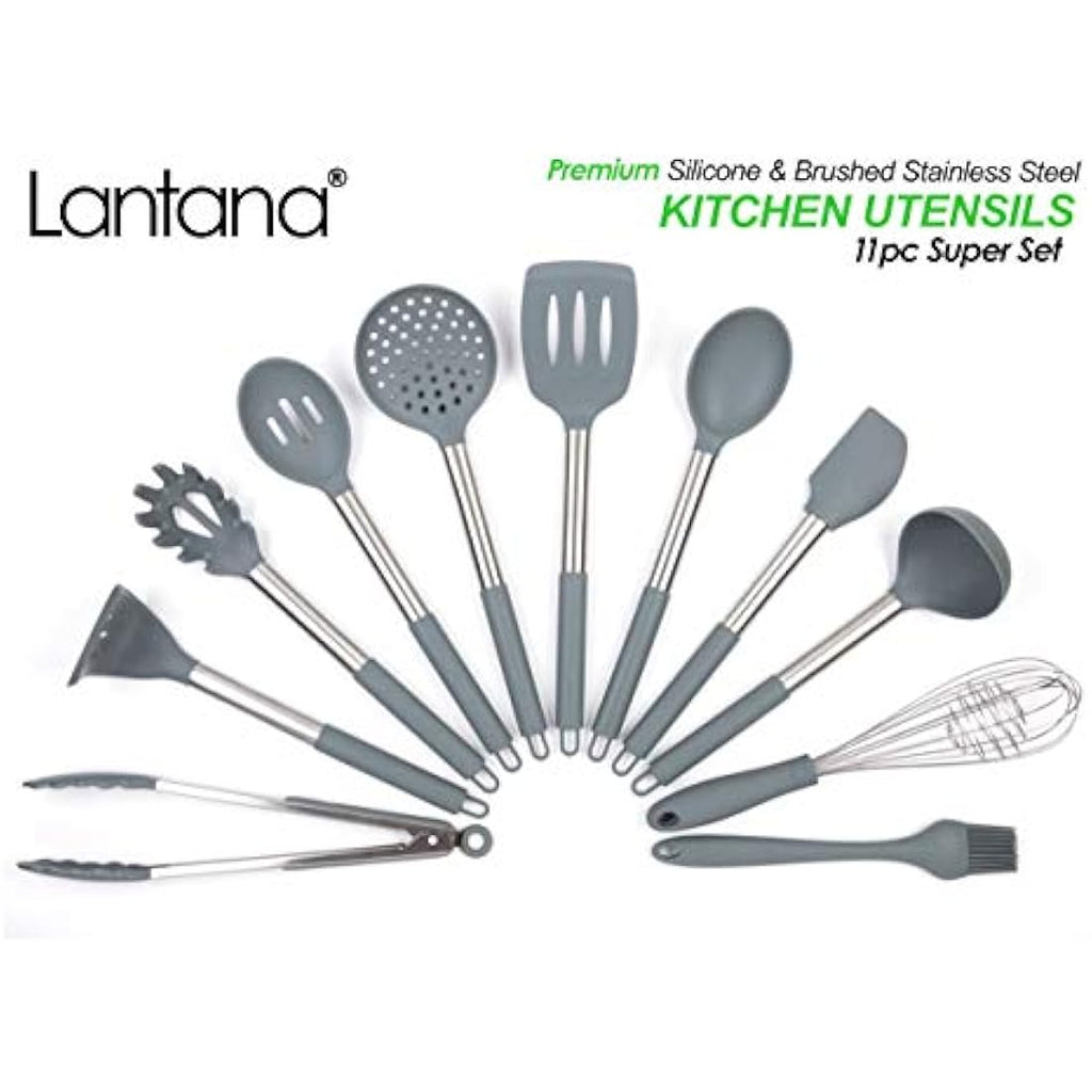 Lantana 11pc Silicone Kitchen Utensil Set | Stainless Steel & Grey