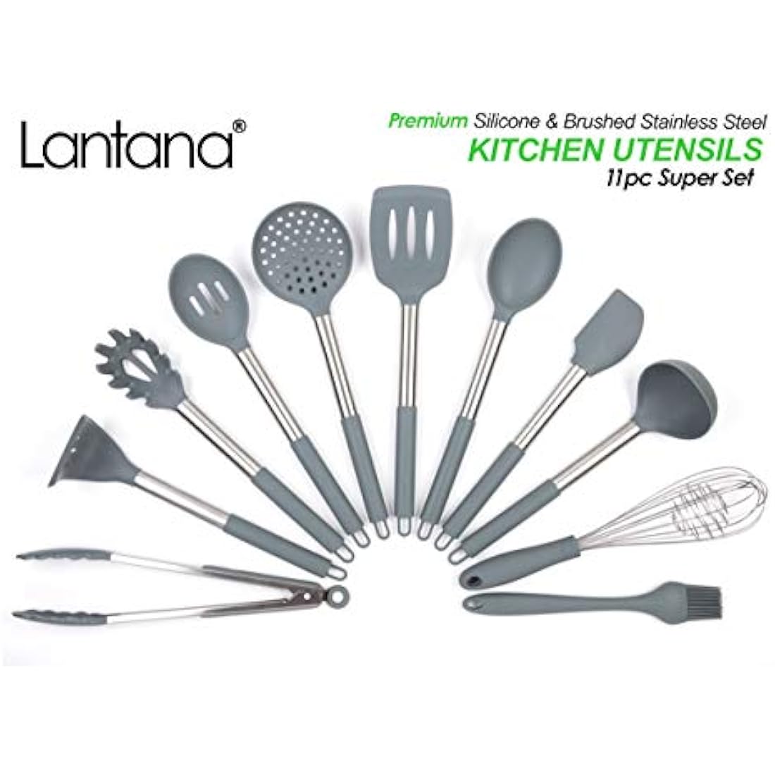 Lantana 11pc Silicone Kitchen Utensil Set | Stainless Steel & Grey