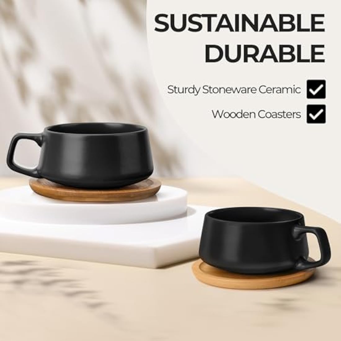 MIAMIO Ceramic Coffee Cup Set with Bamboo Saucers - 320ml Black, Set of 4