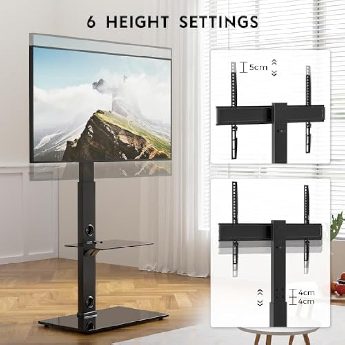 BONTEC Universal Floor TV Stand | 30-70 inch Swivel Mount with Glass Shelves