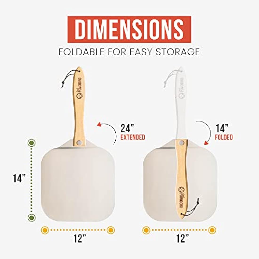 Chef Pomodoro Aluminum Pizza Peel with Foldable Wood Handle and Cutter