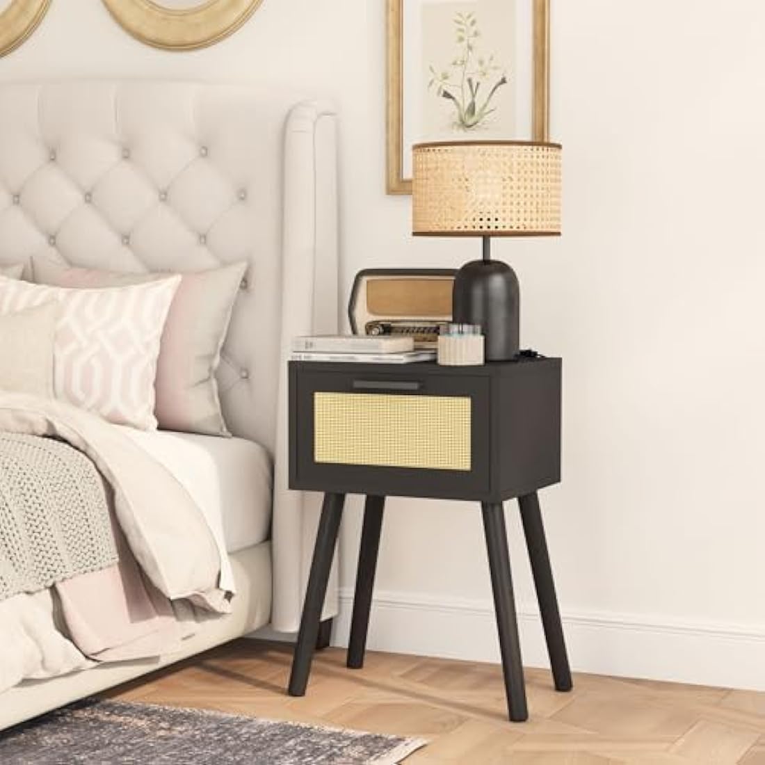 YMYNY Rattan Nightstand Set of 2 | Modern Side Table with Wood Legs