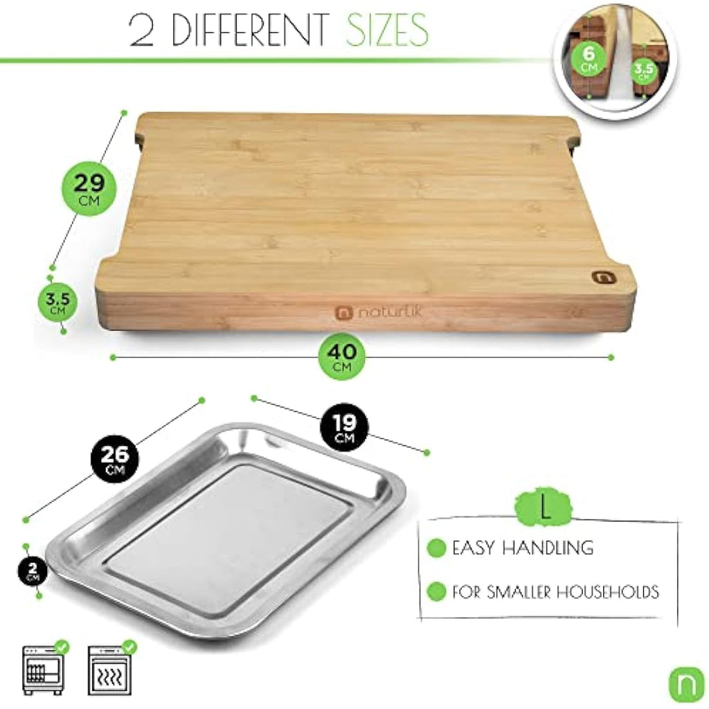 Naturlik Bamboo Chopping Board with 2 Magnetic Stainless Steel Trays
