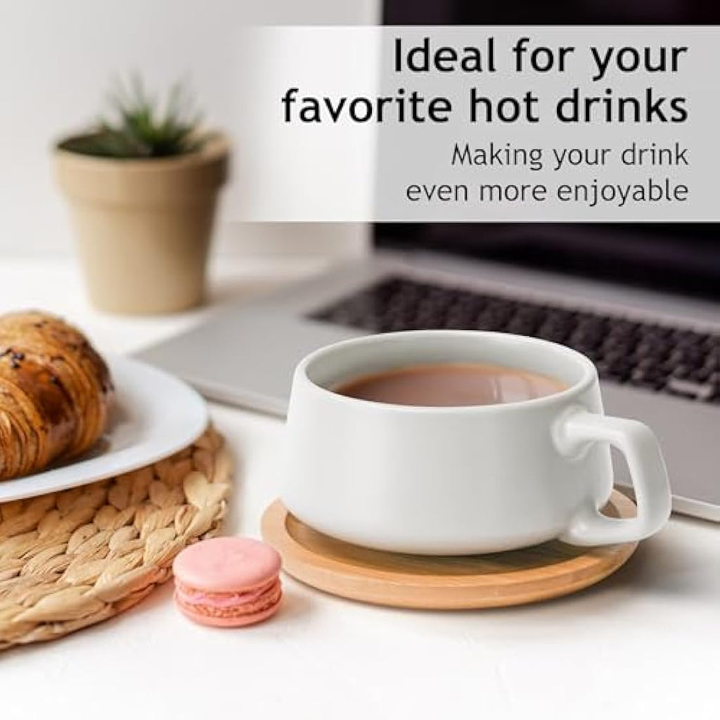 MIAMIO Ceramic Coffee Cup Set with Bamboo Saucers - 320ml Luxe Collection