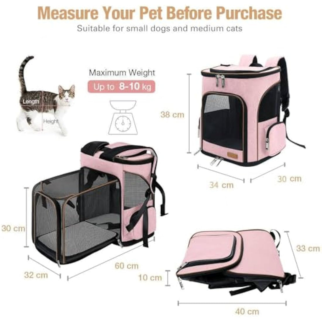 Lekesky Expandable Cat Carrier Backpack | Breathable Pet Rucksack - Pink