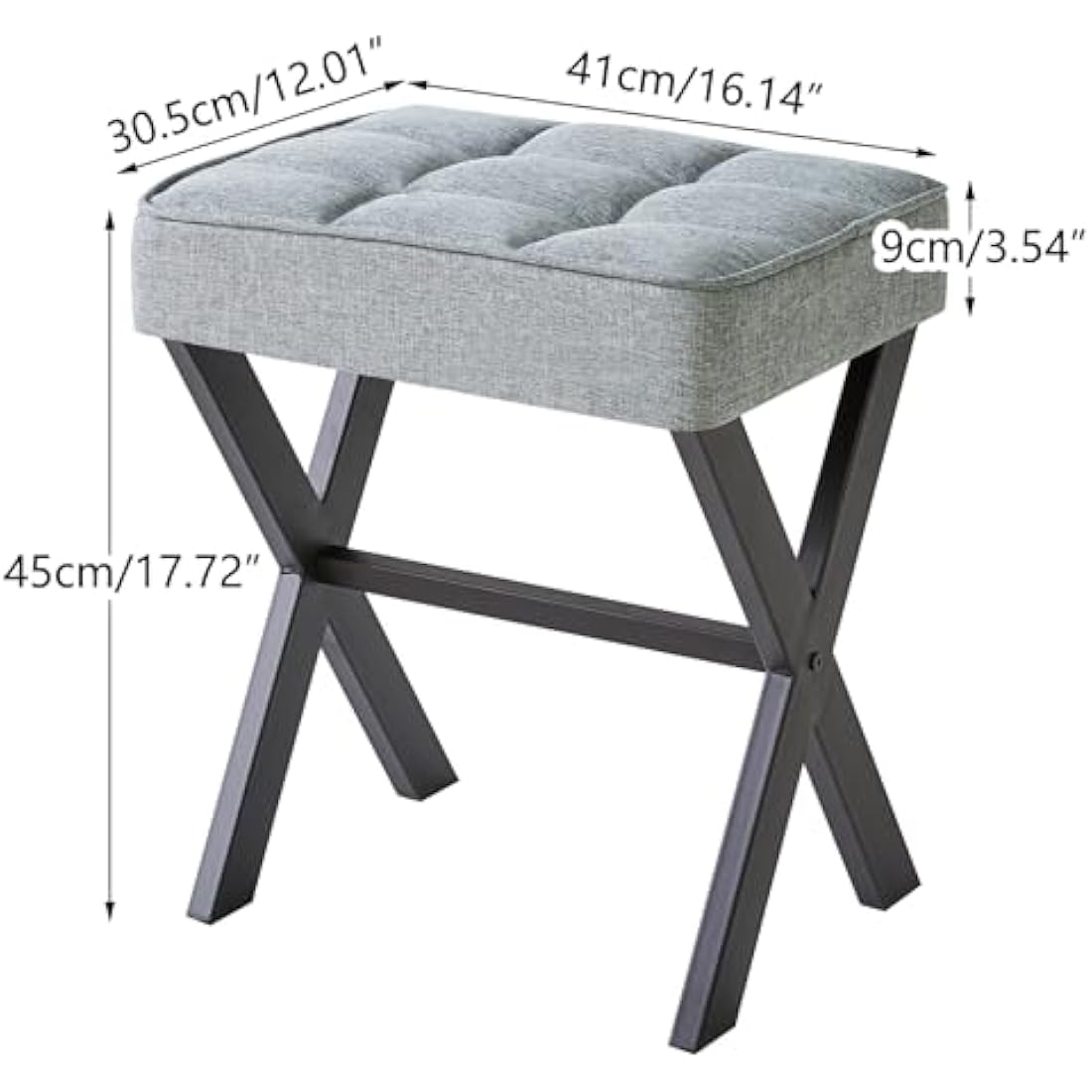 IBUYKE Square Linen Vanity Stool – Blue Gray Ottoman with X-Legs