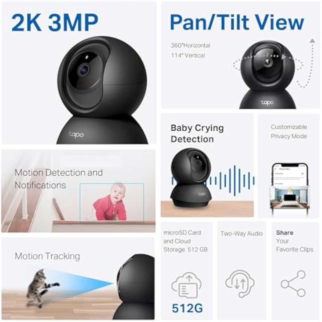 Tapo C211 2K 3MP Pan/Tilt Indoor Security Camera | 360° WiFi Baby Monitor