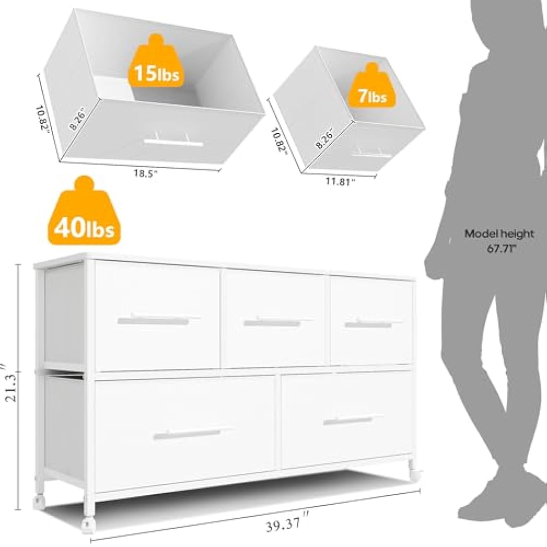 5-Drawer Fabric Dresser | Rolling Storage Chest - White