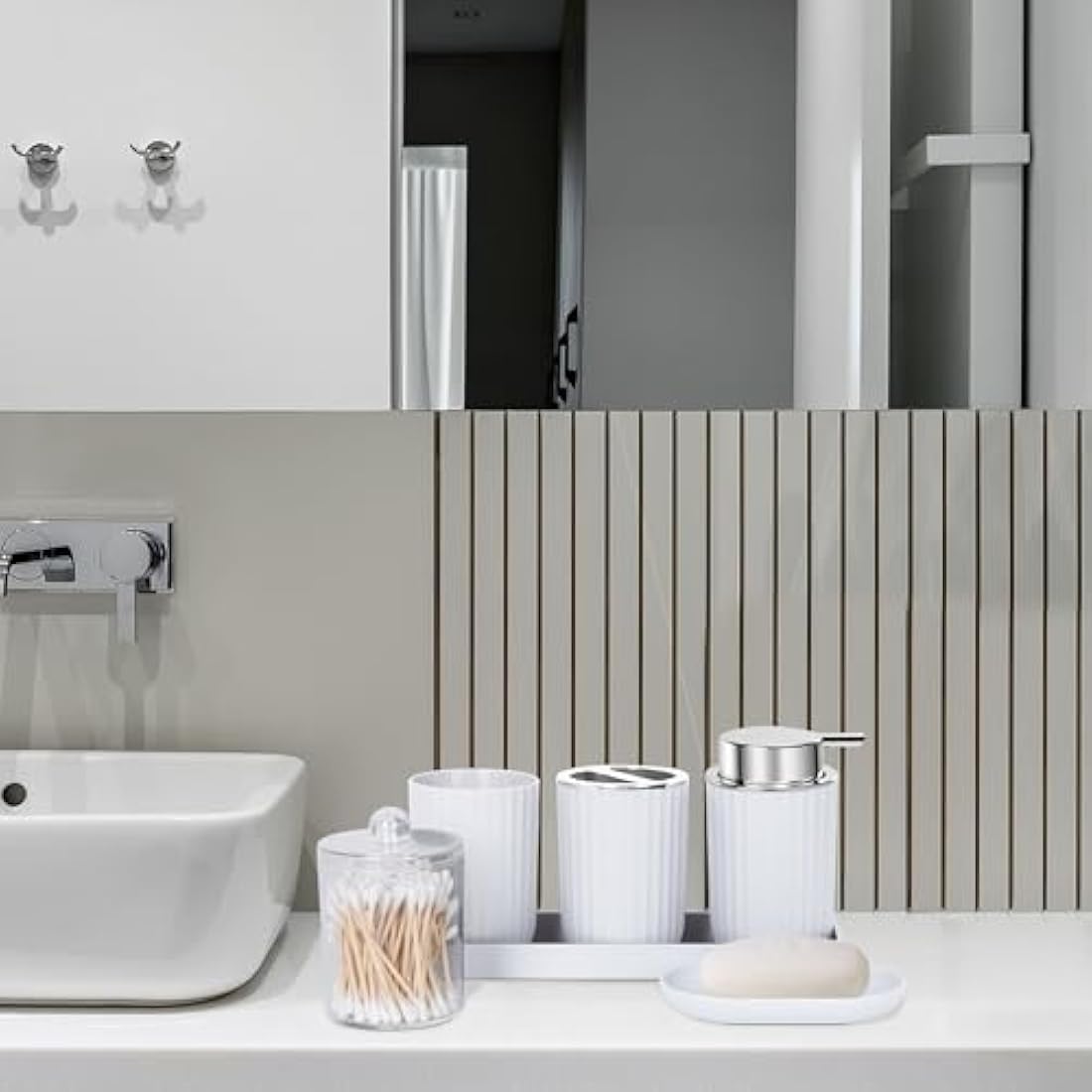 8-Piece Bathroom Accessories Set with Trash Can – White