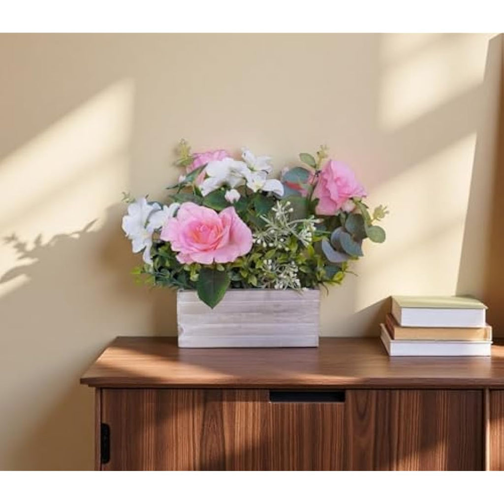 Artificial Pink Roses & Hydrangeas in Wooden Pot Centerpiece
