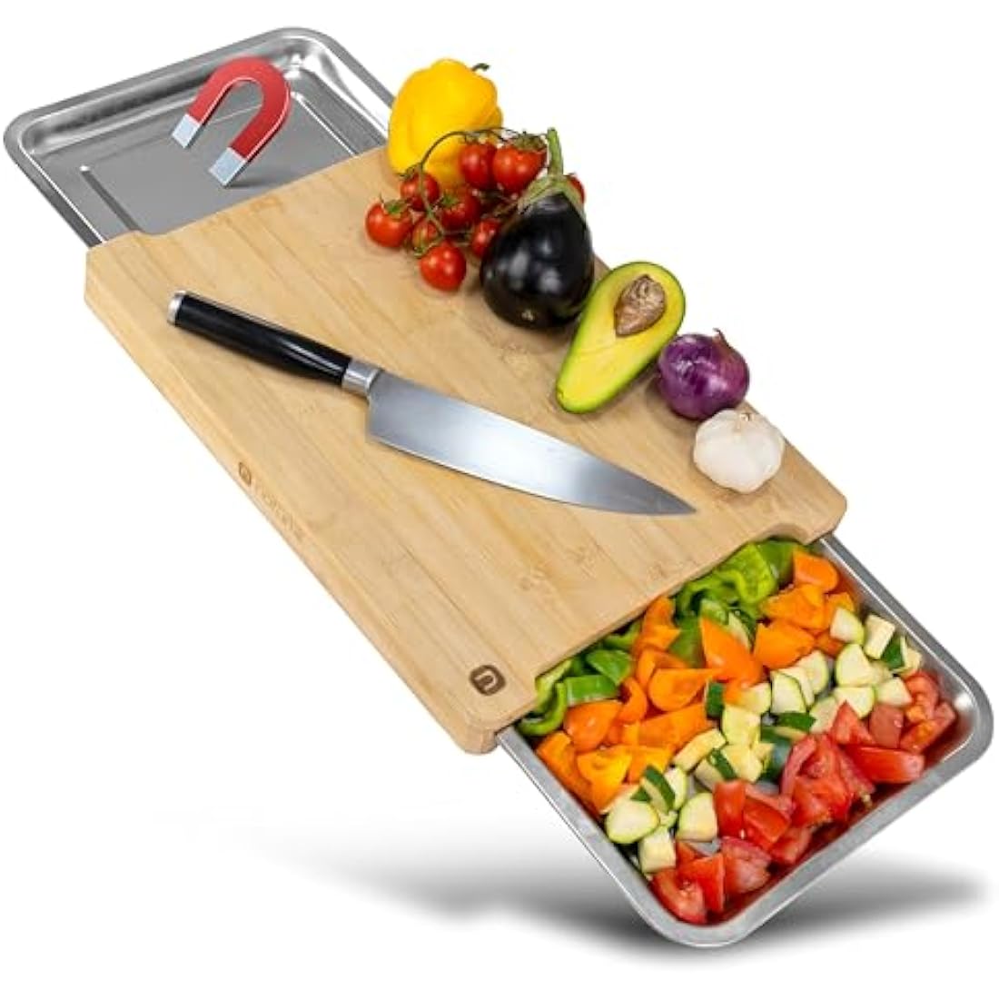 Naturlik Bamboo Chopping Board with 2 Magnetic Stainless Steel Trays